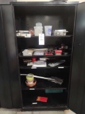 2 Door Metal Cabinet and Contents inc. Door Knobs, Clamp and Misc