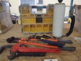 Pipe Wrench, Bolt Cutters, Hammer, Wrench, Dewalt Organizer and Plastic Wrap