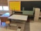 Wood teachers desk, work tables, file cabinet