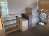 File cabinets, 2 door cabinet, fan, shelves