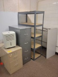 Dehumidifier, two metal file cabinets, table and shelf
