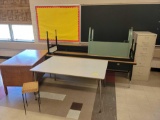 Wood teachers desk, work tables, file cabinet