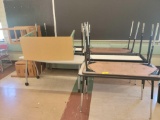 9 Work tables, metal and wood teachers desk, wood desk missing drawers