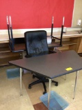Two tables, metal file cabinet and office chair