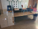 (2) two drawer files, chairs, 5 work tables