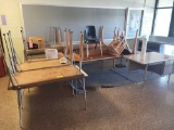 10 work tables, desk and 3 chairs