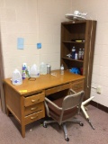 Wooden Teachers Desk, Chair and Bookcase