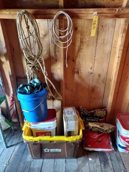 Assortment of Potting Soil, Storage Containers, Rope, and an Electrical Cord