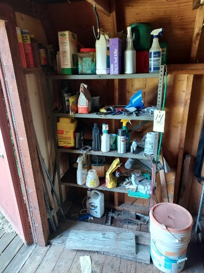 Shelf and Contents - Gardening Supplies, Tools, a Jack, T-Posts, Lumber, and more