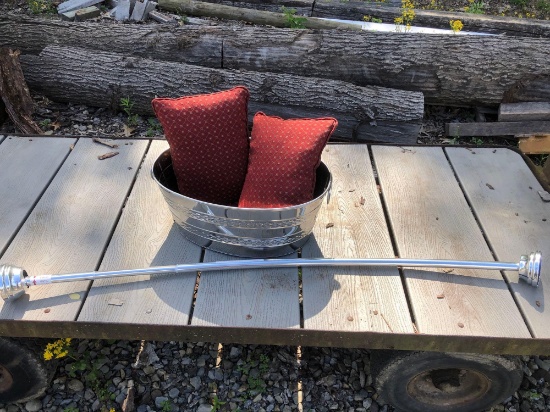 One lot with small tin, pillows, and shower rod
