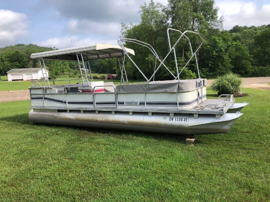 1990 24 foot Manitou pontoon with 25 hp Johnson two-stroke know trailer