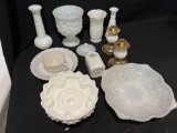 Milk Glass Bowls, Vases, Candlesticks