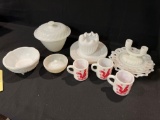 Rooster Mugs, Milk Glass Bowls, Plates, and Candle Stick