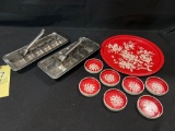 Vintage Ice Trays, Flower Pattern Tin Dish Set