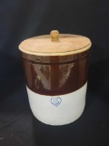 5 Gallon brown top crock with a heart and lid