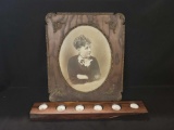 Arts and crafts frame with ancestral photo, live edge candle holder