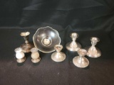 Weighted sterling, 2 sets of candle sticks, s+p set and glass bowl base