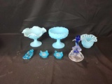 Fenton blue stained glass, crystal dolphin, small covered hens