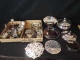 Box lot of assorted silverplate serving pieces, cups, shakers and more