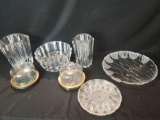 Plastic vases, brass base covered dishes, glass platters