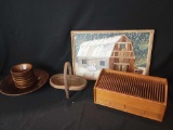 Wood organizer, bowls, basket and barn 3D scene