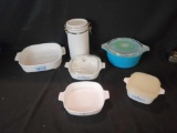 Box of covered casserole dishes corning ware, Pyrex blue covered dish, canister