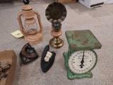 Lantern, Sad Irons, Old Kentucky Scale, 2 Sterling Shakers, & more