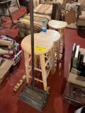 wooden stools and vintage sweeper