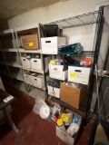 metal wire & plastic shelves with assorted hardware and Tupperware