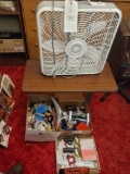 Box fan, bed tray, office items and supplies