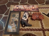 Shadow Box of Western Decor, Cowboy Figure, Small Covered Wagon, and more