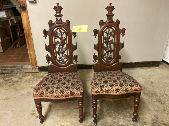 Pair Victorian chairs w/ grapes carving, 44.5" tall.