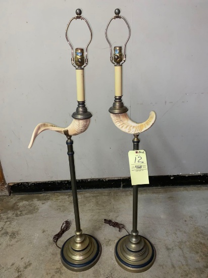 Pair brass floor lamps w/ horn decoration, 50.5" tall.