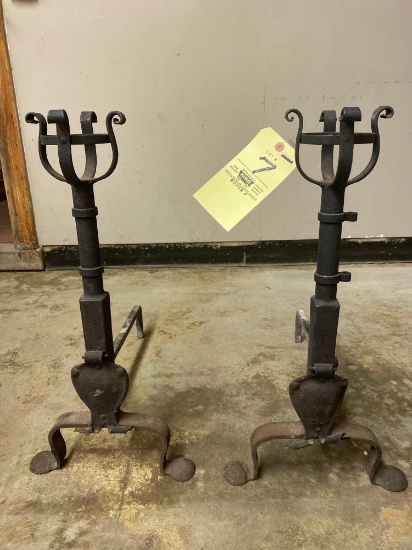 Antique pair 26" tall wrought iron andirons.