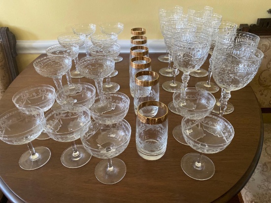 (3) Different sets stemmed glasses, set of (6) gold trimmed wheelcut glasses.