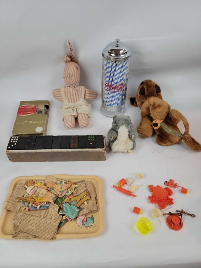 Dog radio, old toys, Coca-Cola straw holder