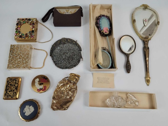 Antique purses, compacts, and dresser accessories