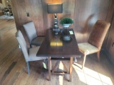 Adjustable height table with 3 chairs, 2 upholstered and one leather style