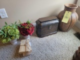Decorative dresser box, pottery vase, books and artificial plants