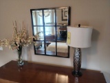 Bedroom lamp, Metal panel mirror with beveled glass and vase