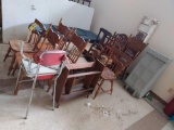 Assortment of of 13 Chairs, a Small Quilt Rack, Assorted Flats, & Plastic Storage Dolley