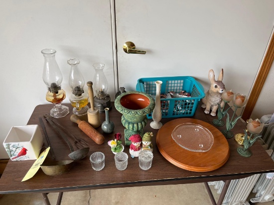 oil lamps, brass ladle, cookie cutters, etc
