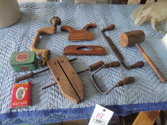 Assorted Primitive Hand Tools and Tobacco Tins