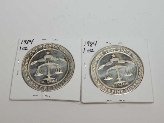 Pair of 1984 1 Troy ounce 31.1 gram silver coins