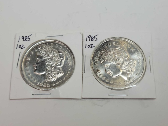 Pair of 1985 1 troy ounce 999 silver Morgan copy coins