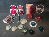 Box of assorted glass lenses, holders, Essex