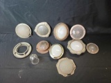 Box of assorted vintage glass light lenses with holders