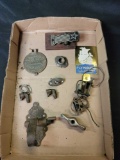 Box of assorted fittings, paper clip, door latch and Plymouth owners club badge