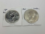 1989 1 ounce fine silver $5 dollar Canadian coin, 1965 Churchill coin