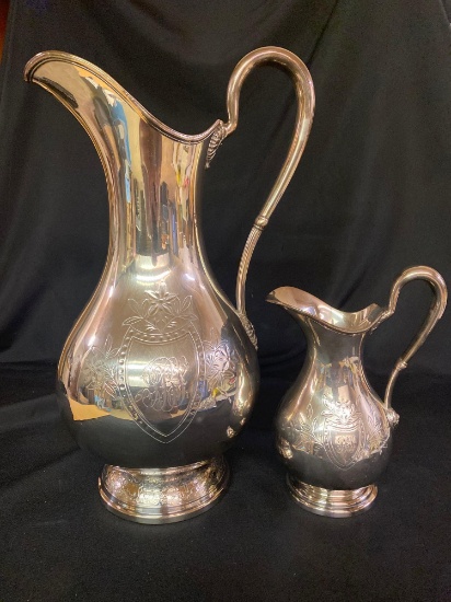 (2) Rogers Bros. silverplate water pitchers, 17" & 9.25" tall.
